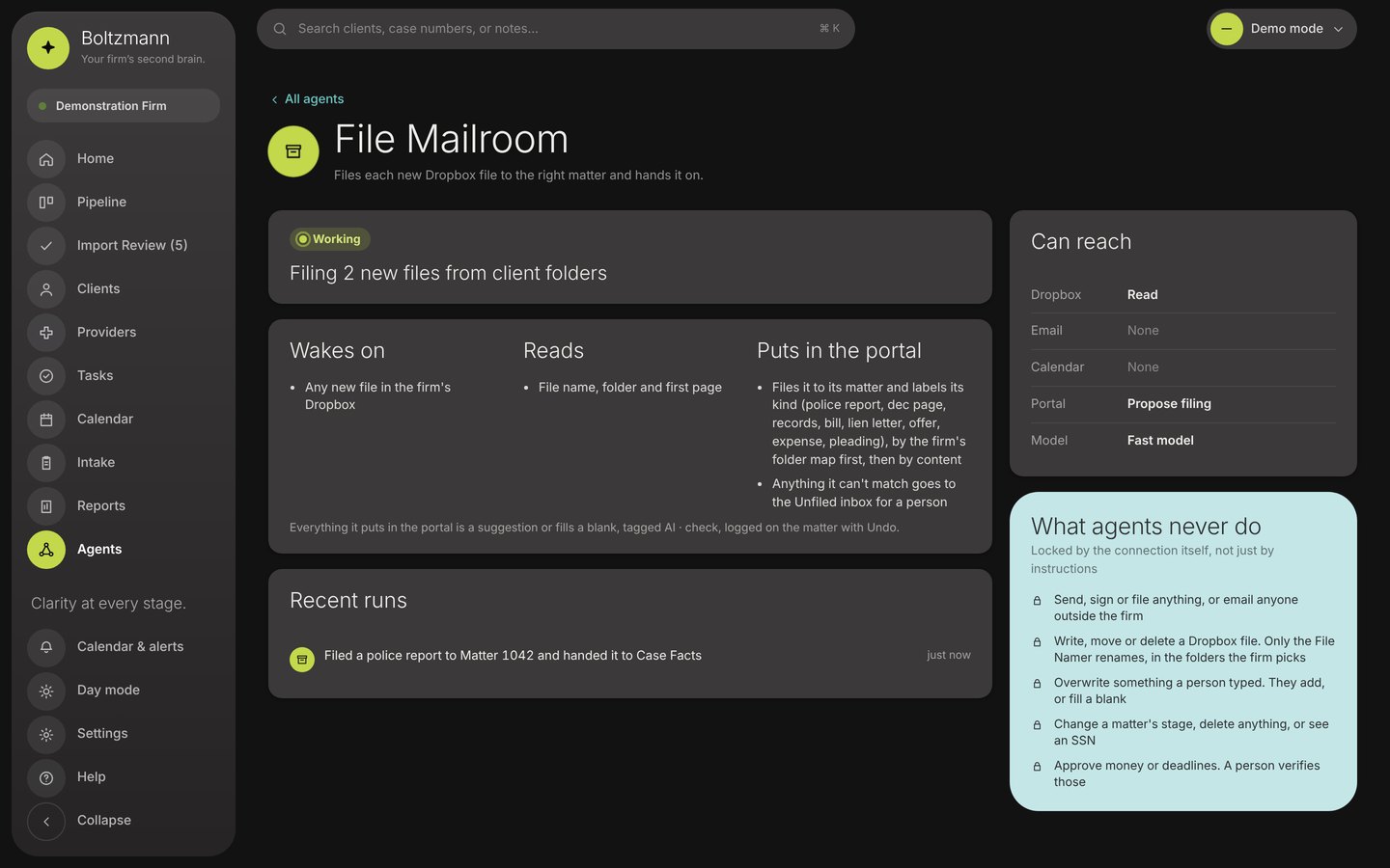 One agent's page: what wakes it, what it reads, what it puts in the portal