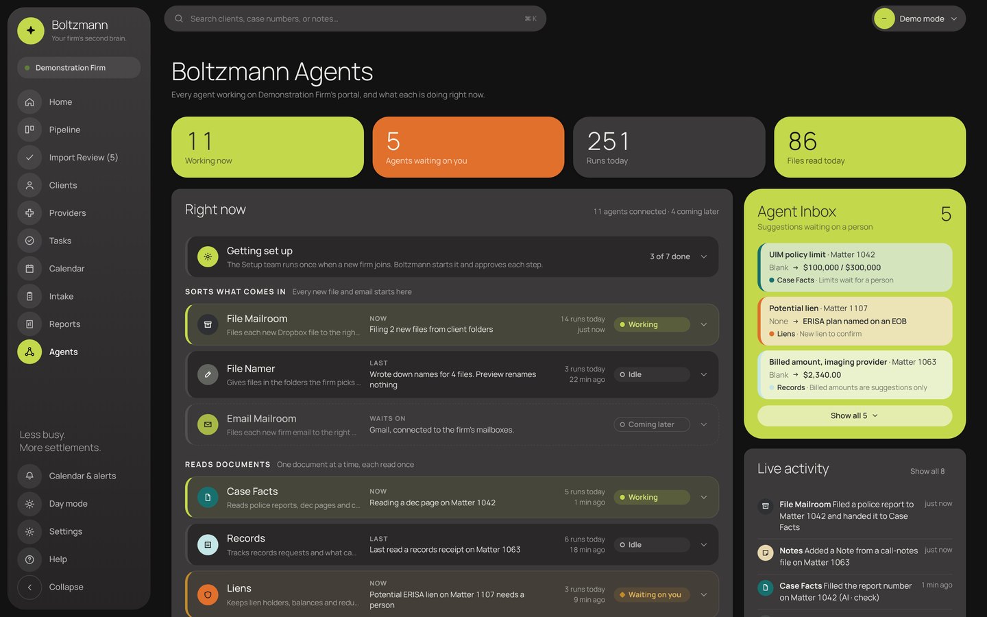 The Agents page showing what each agent is doing