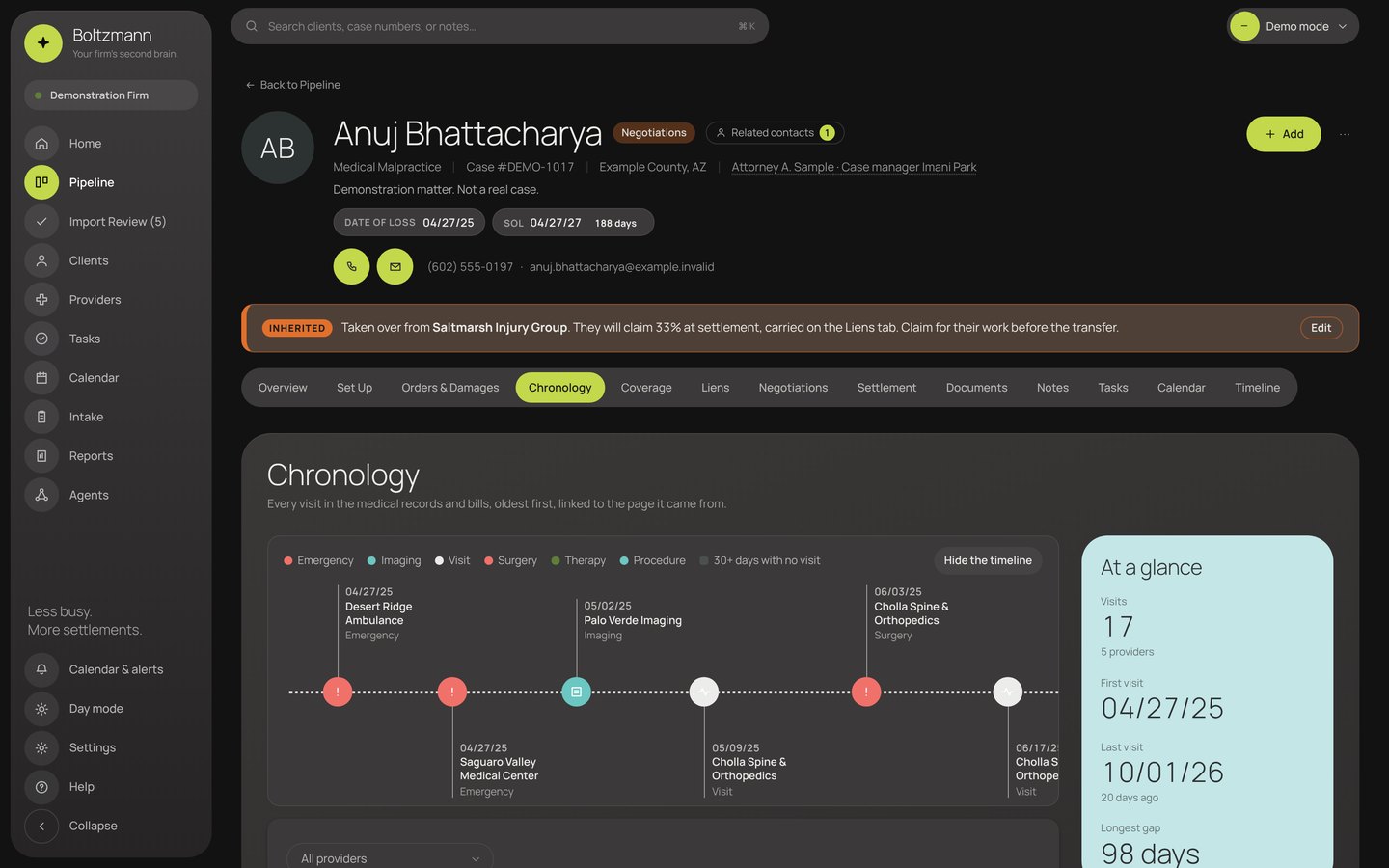 A medical chronology with the visit timeline open